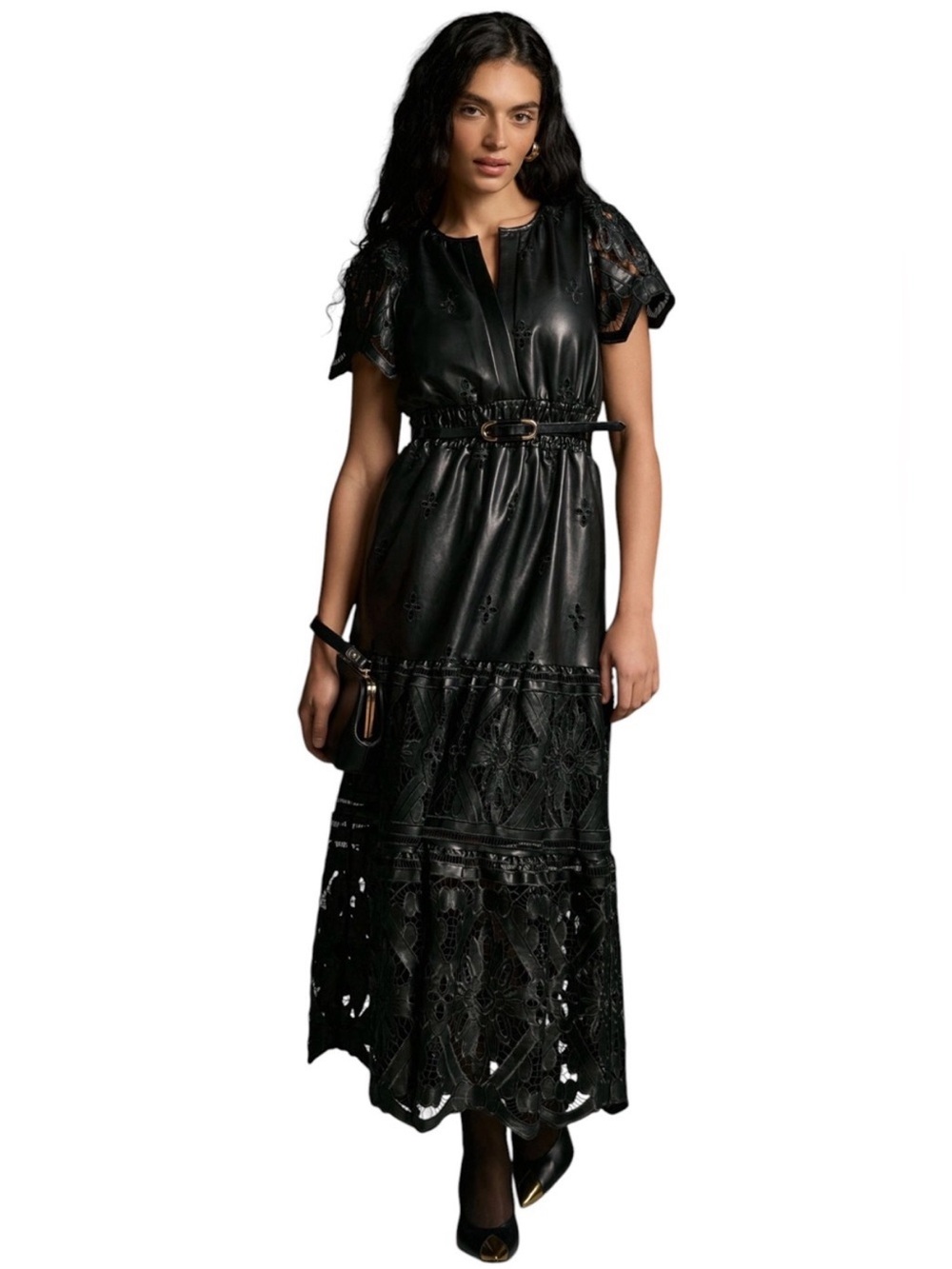 Anthropologie summerset Black Lace-Detail Faux-Leather Maxi Dress size xxs